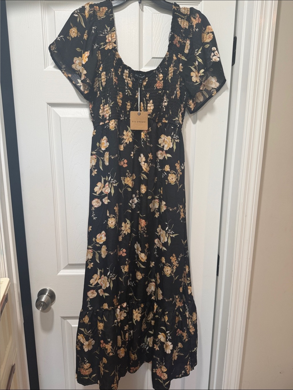 Blu Pepper Black Floral Smocked Dress with Yellow Accents